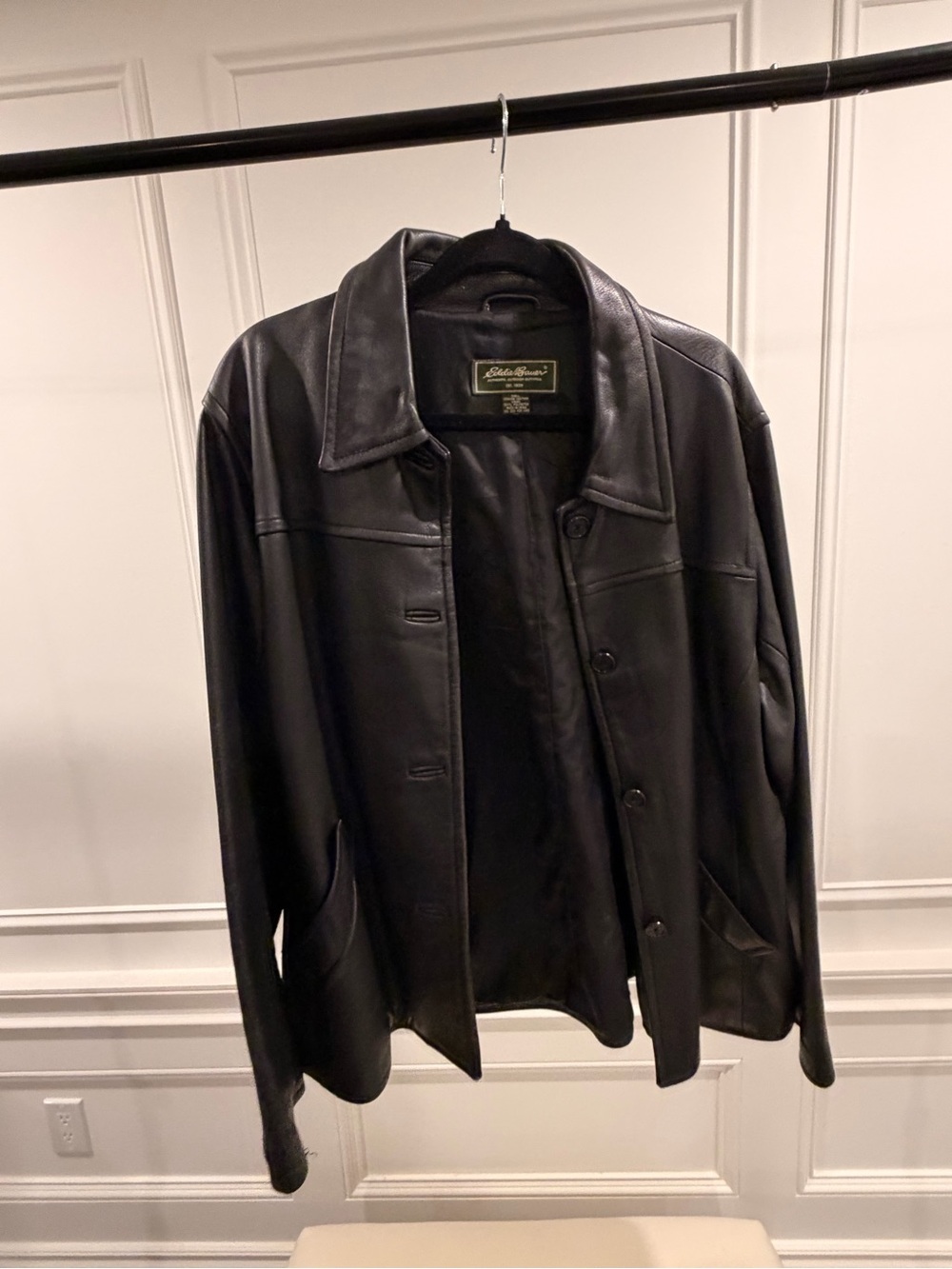 Eddie Bauer Black Leather Button-Up Bomber Jacket